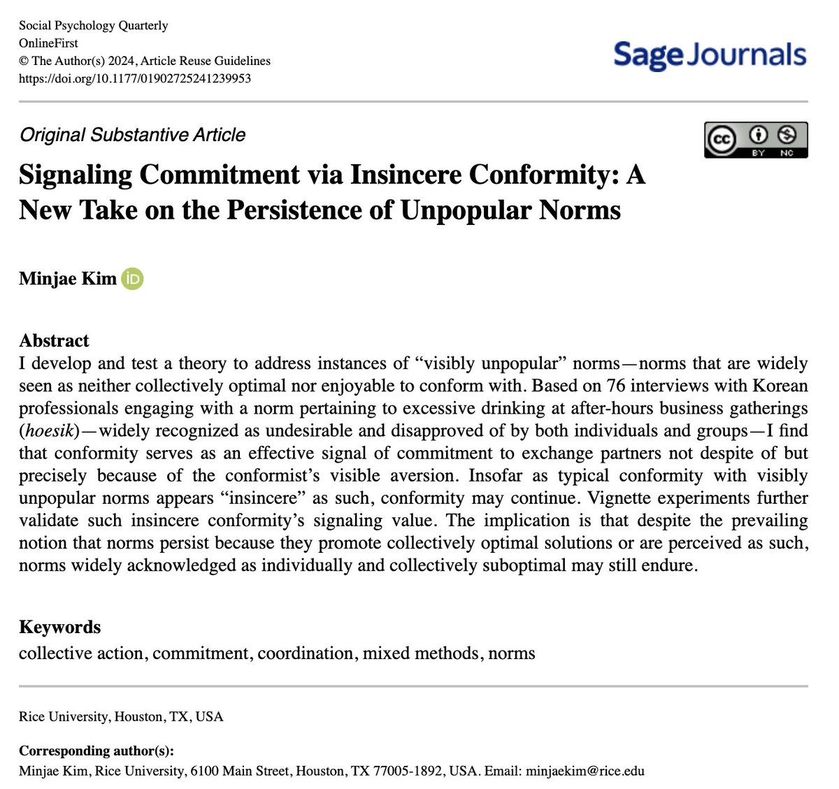 Check out our new OnlineFirst article! “Signaling Commitment via Insincere Conformity: A New Take on the Persistence of Unpopular Norms” by @minjaekim22 in #SPQ! #OpenAccess @ASASocPsych journals.sagepub.com/doi/10.1177/01…