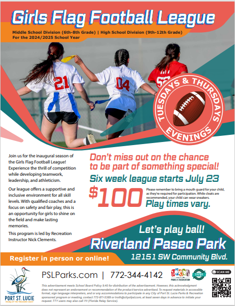 This has taken a lot of work and energy, but I am very happy to announce that the City of PSL will be offering a GIRLS ONLY flag football league this summer. Middle and H.S. divisions. Girls will have an opportunity to compete in the fastest growing sport. #girlsplayfootballtoo