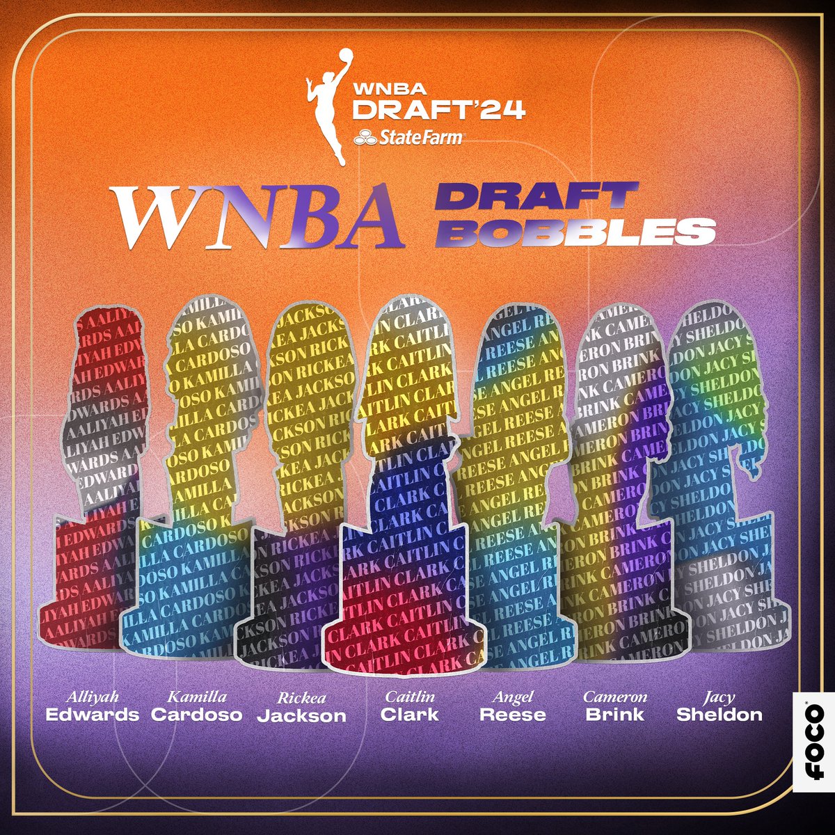 FOCO  released six WNBA Draft  Bobbles featuring Cameron Brink, Kamilla Cardoso, Rickea Jackson, Jacy  Sheldon, Aaliyah Edwards and Angel Reese. 
foco.vegb.net/Y7nVe
#foco #wnba #angelreese #cameronbrink #KamillaCardoso #rickeajackson #jacysheldon