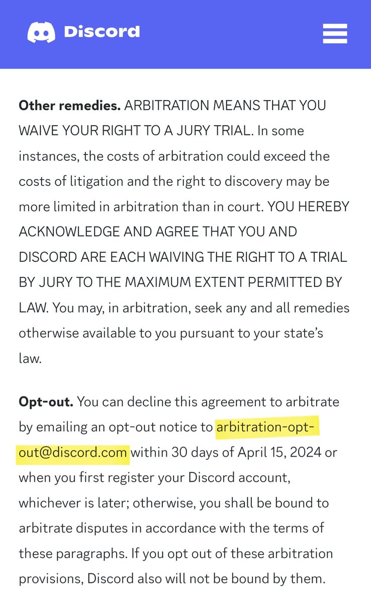 Quick reminder to US folks, Discord buried the opt out to the arbitration agreement in their TOS update. You've gotta email them if you want out. 🙃