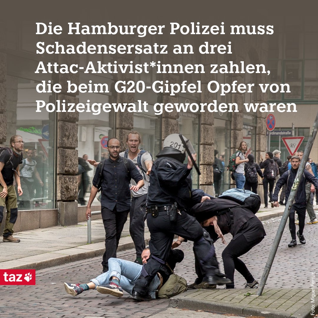 Die Hamburger Polizei muss Schadensersatz an drei Attac-Aktivist*innen zahlen. Sie waren beim G20-Gipfel Opfer von Polizeigewalt geworden. 👉 taz.de/!6004589/ Von @Kat_Schipkowski