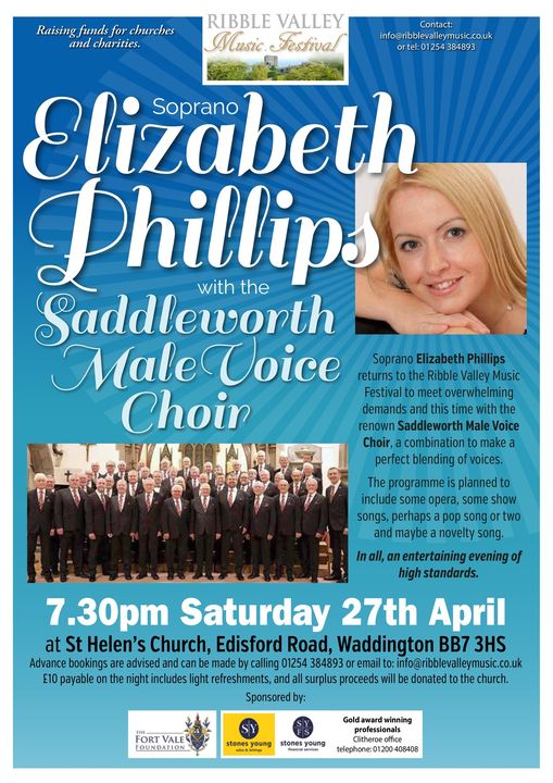 There is limited ticket availability for Saddleworth Male Voice Choir and soprano Elizabeth Phillips concert at St Helen's Church in Waddington on 27th April. See Ribble Valley Music Festivals facebook page for more info.