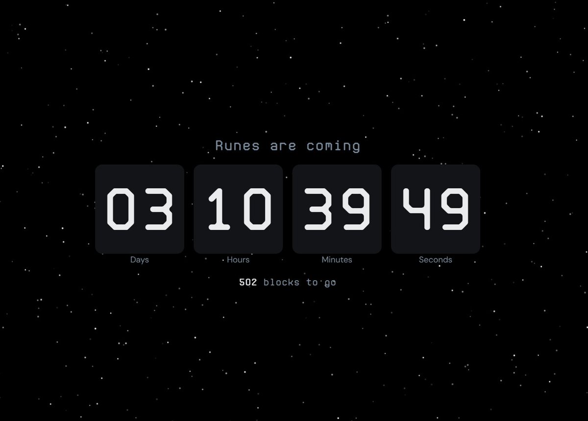 TO's tweet photo. 3 Days and 10 Hours until Runes launch on Bitcoin

If this website isn't up on 1 of your 6 monitors 24/7 ya ngmi

It's almost game time https://t.co/M2U8usO9nA