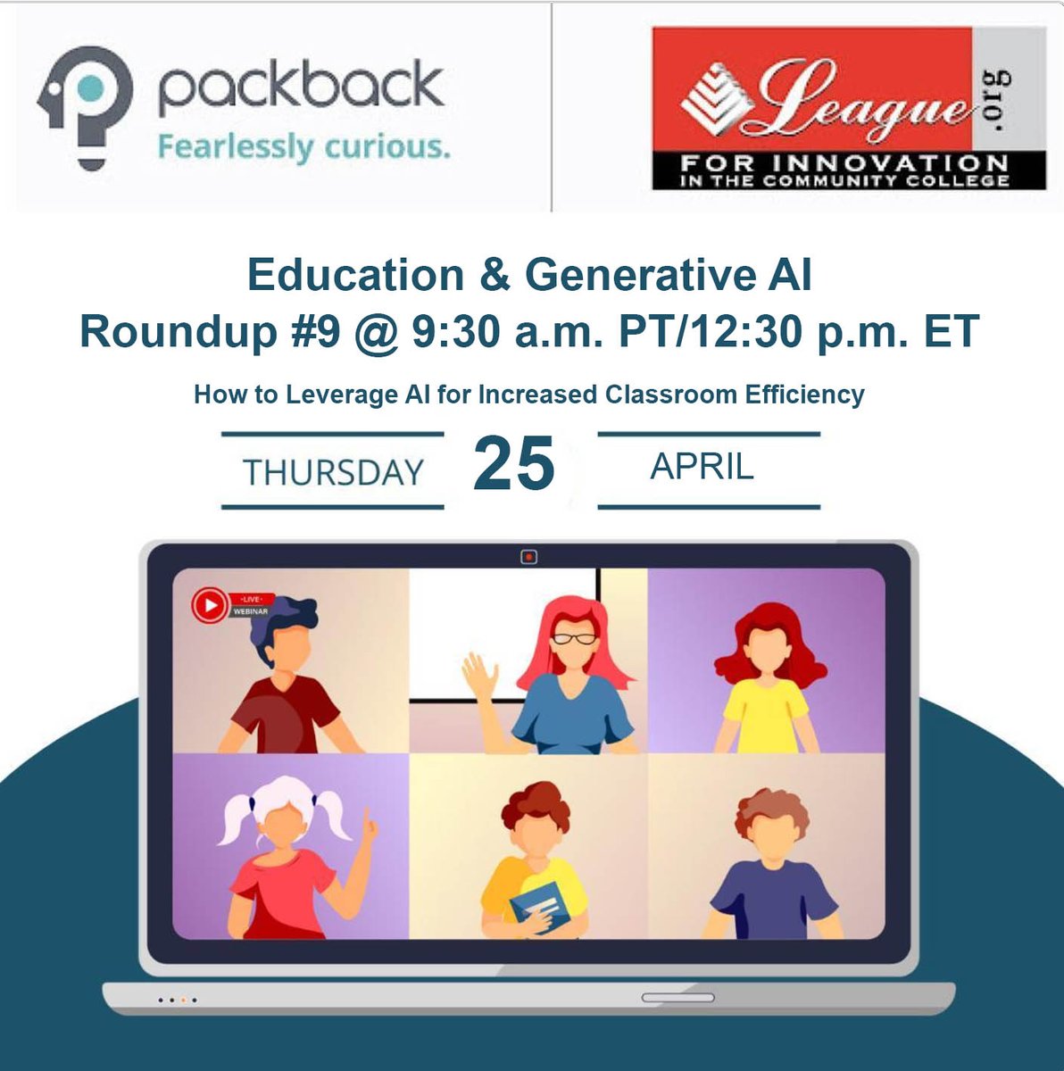 Join @Packbackco, the League for Innovation in the Community College, & Graham Clay, UNC professor & co-founder of AutomatED, for a podcast on AI in college classrooms, 4/25/24, 9:30am PT/12:30pm ET. Explore AI's impact on learning experiences. tinyurl.com/yrnrpxpx