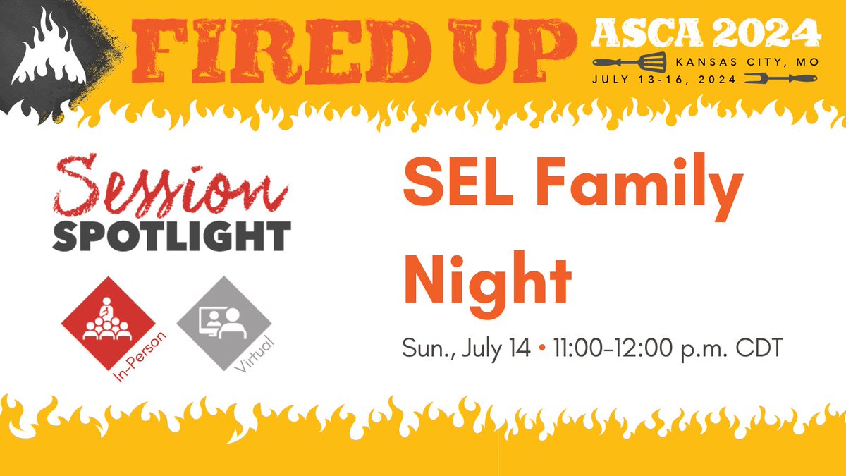 #ASCA24 Session Spotlight: SEL Family Night on July 14 at 11 a.m. CDT. Learn how to host an event that engages staff and families while advocating the importance of SEL. This session, presented by Rebecca School, is available in-person and virtually. bit.ly/3xBEqeF