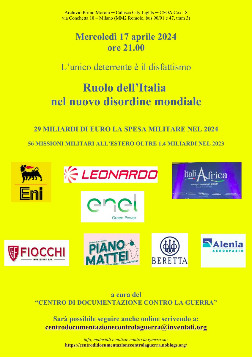 Mercoledì 17 aprile 2024
ore 21.00
L’unico deterrente è il disfattismo
Ruolo dell’Italia
nel nuovo disordine mondiale