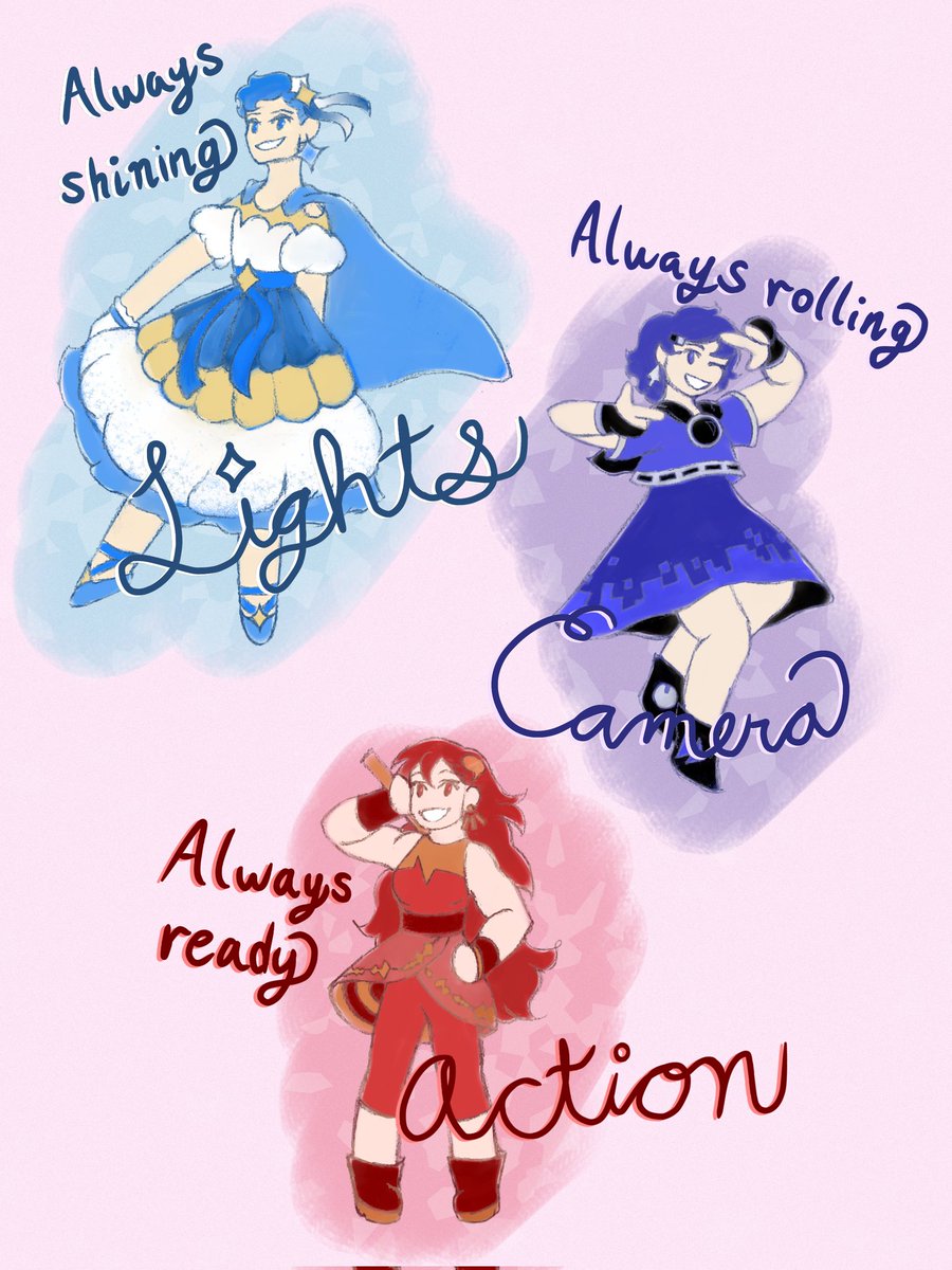 StarsInAJamJar's tweet photo. So approximately a year ago at this point, @OSPyoutube said in the podcast that their magical girl team would be called Lights Camera Action and I'd just like to say: Red's was a bitch to design, and the silver accents on Indigo were an impulse reference to the silver screen. https://t.co/OLMyuZDLPt