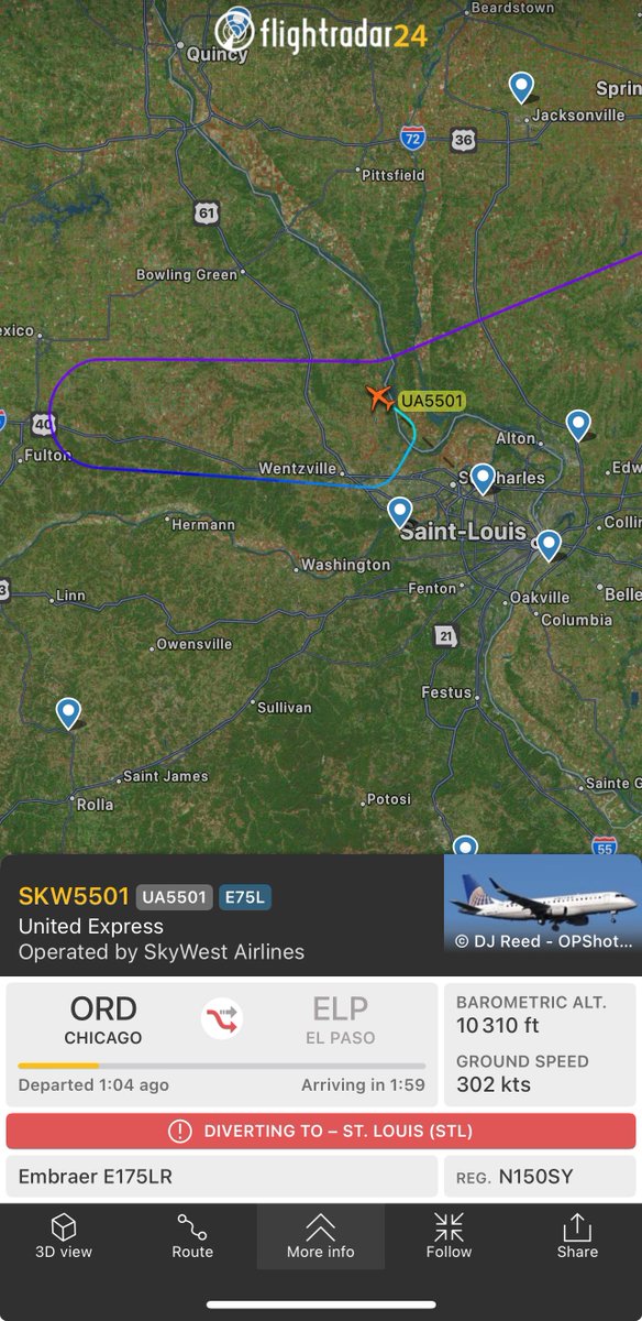 ✈️🆘↩️ #UnitedExpress #SkyWestAirlines flight #UA5501 #SKW5501 aircraft #E75L (N150SY) operating on April 16th, 2024 between #Chicago #OHare #ORD #KORD 🇺🇸 and #ElPaso #ELP #KELP 🇺🇸 has declared #emergency via #squawk7700 for as yet unknown reason and is diverting to #StLouis #STL…