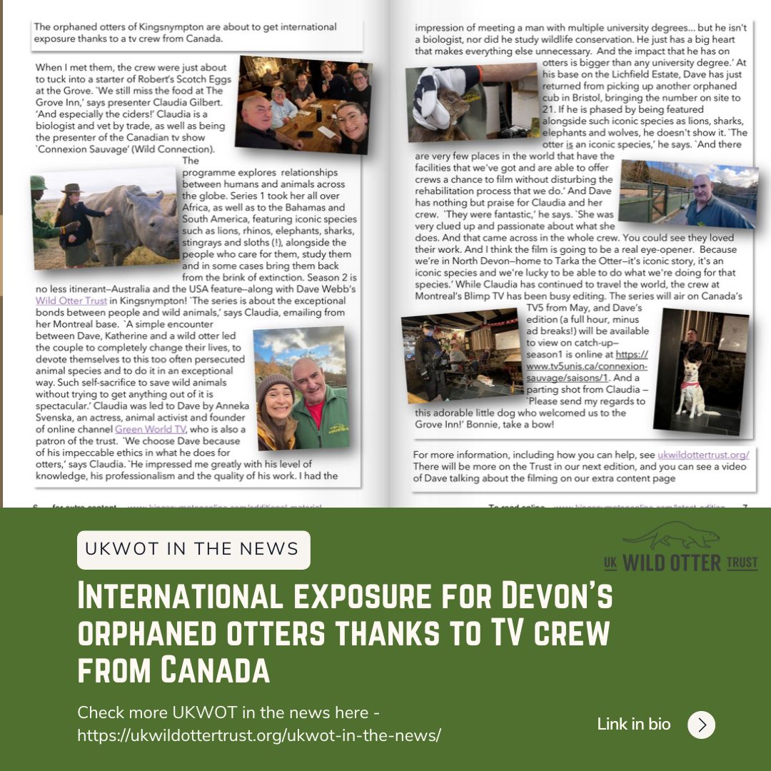 International exposure for Devon's orphaned otters thanks to TV crew from Canada! 🇨🇦 Find out more in this the Spring Edition of Nympton News - paperturn-view.com/?pid=ODc879869… Check out more UKWOT in the news here - ukwildottertrust.org/ukwot-in-the-n…