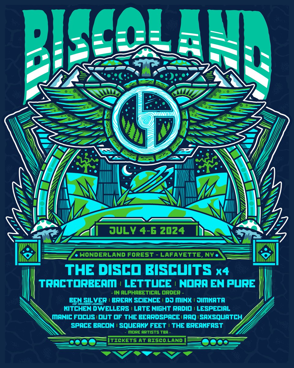 We're excited & proud to announce the #BISCOLAND 2024 Lineup! Weekend passes & VIP add-ons are on sale now at bisco.land 🌲👽🌲 We hope you'll join us for what's to be an incredible 3-day event across the 4th of July weekend!