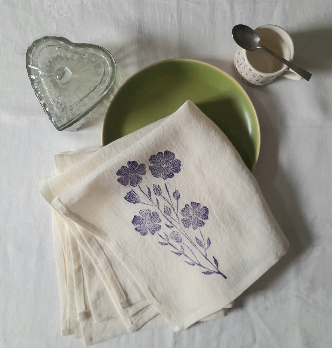 Home from Home Flax flower design. Hand carved and handprinted 100% Irish linen, Ivory napkins. #handprinted #irishlinen #napkins #madetoorder adellehickey.com/napkins