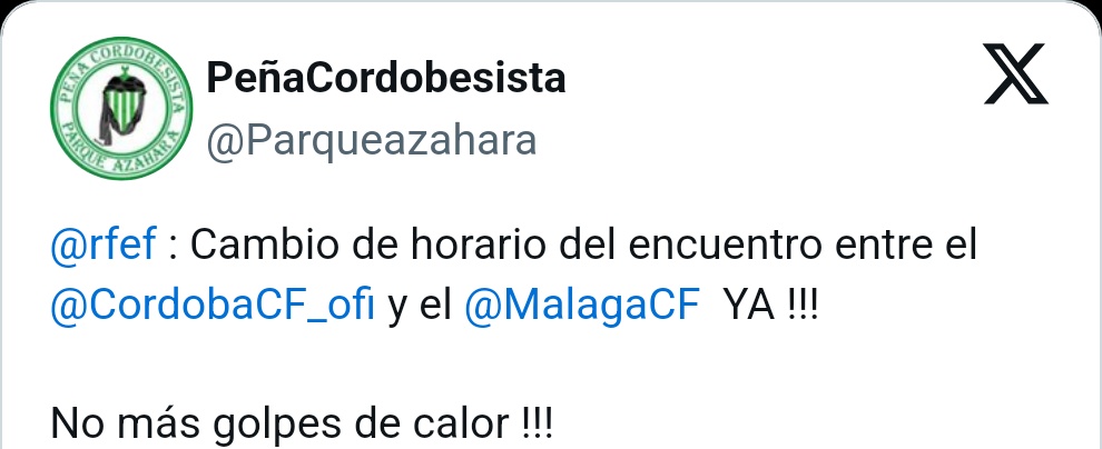 🗣️ Peñas cordobesistas se unen a su club en la petición del cambio de horario del <a href="/CordobaCF_ofi/">Córdoba CF</a> - <a href="/MalagaCF/">Málaga CF</a> (domingo 28, 16h).

#futmasc #PrimeraRFEF #PrimeraFederación #peñasCCF