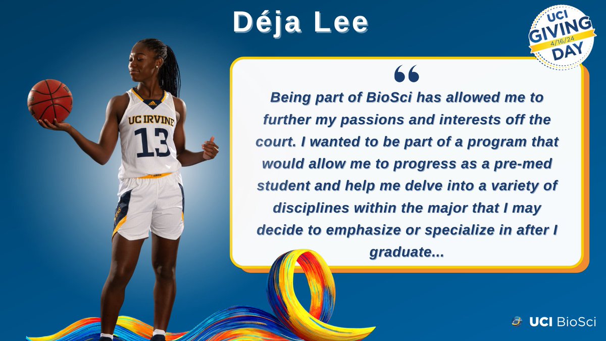 It's #UCIGivingDay! We're proud to feature Déja Lee, a biological sciences major and point guard for @ucirvine women's basketball!🏀
Déja shares how BioSci supports her pre-med track and pursuing a career as a neurosurgeon.🧠 
Give today: bit.ly/BioSciGiving24 #TogetherforUCI