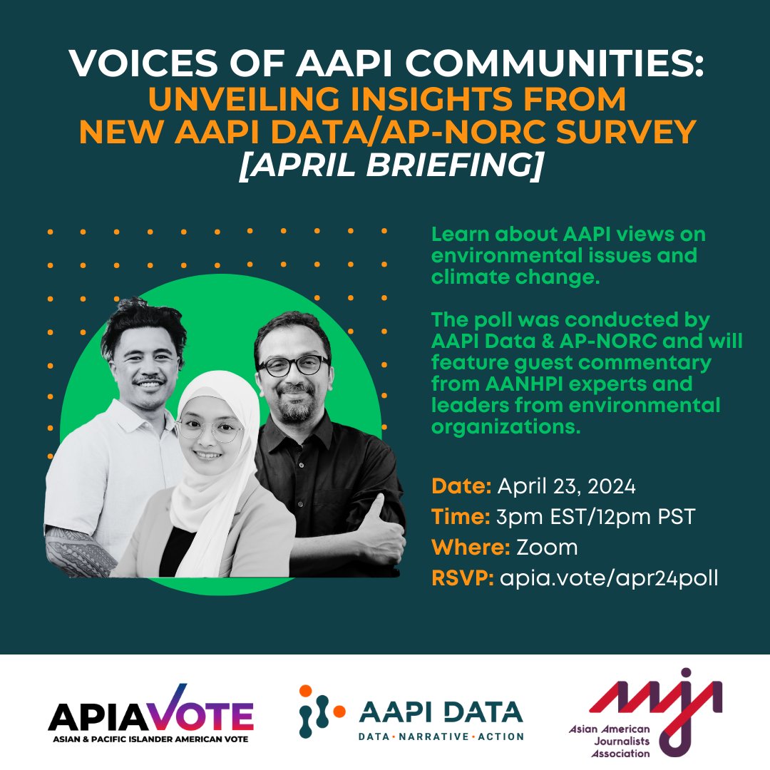On Tues, April 23 at 3pm ET, APIAVote and @AAJA will co-host the next 'Voices of AAPI Communities' with findings from the latest @AAPIData + AP-NORC Survey! This month's focus: environmental issues and climate change 🌳🌎🌻 Register now apia.vote/apr24poll!
