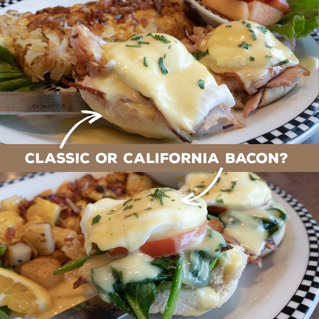 Some days, you want the comfort food classics. Other days, you want them with a delicious twist. Which one are you feeling today: Classic Benedict or California Bacon Benedict? #NationalEggsBenedictDay