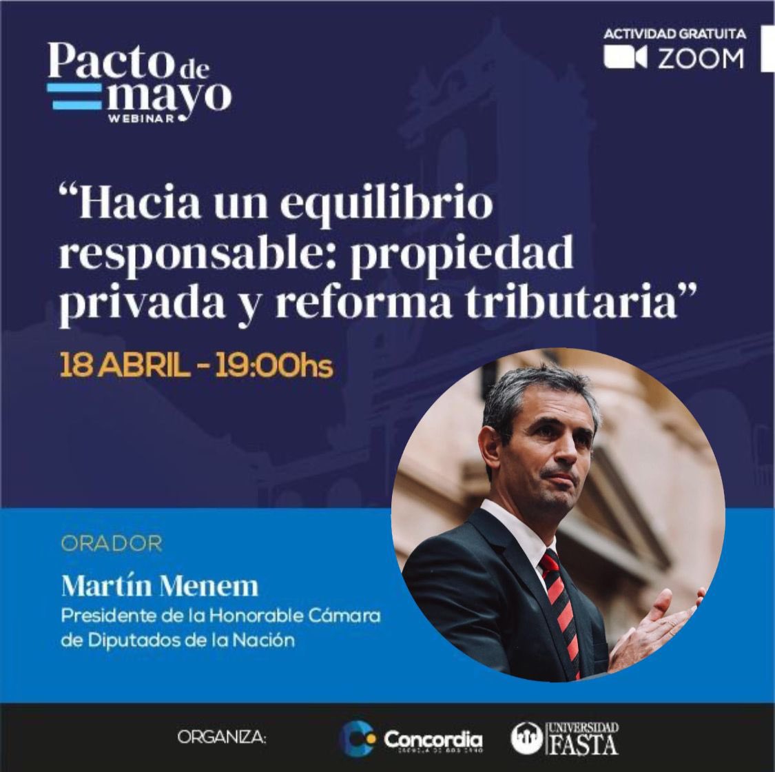 Este jueves 18/4 voy a estar participando del webinar sobre el Pacto de Mayo, organizado por la asociación Concordia y la universidad Fasta. Vamos a estar charlando sobre la importancia de una reforma tributaria en la Argentina.

Link del encuentro👇🏼
aconcordia.org/webinar-pacto-…