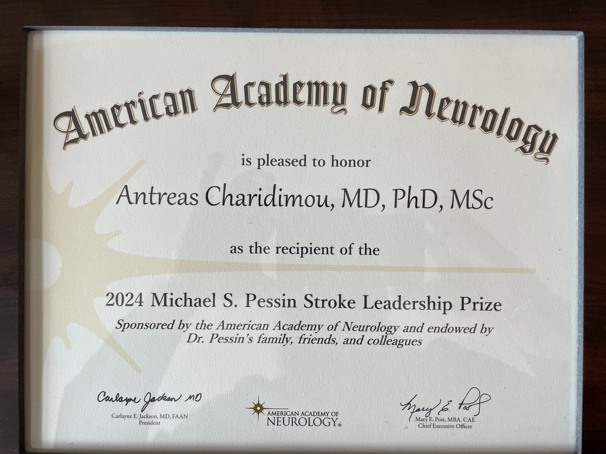 🧠🩸I am very grateful and honored to receive the 2024 Michael S. Pessin Stroke Leadership Award. Thank you American Academy of Neurology @AANmember for this recognition, and my mentors @UCLStrokeRes @MassGenBrigham @SMGreenbergNeur @bmcneurology and 🌎🌍🌏collaborators through…