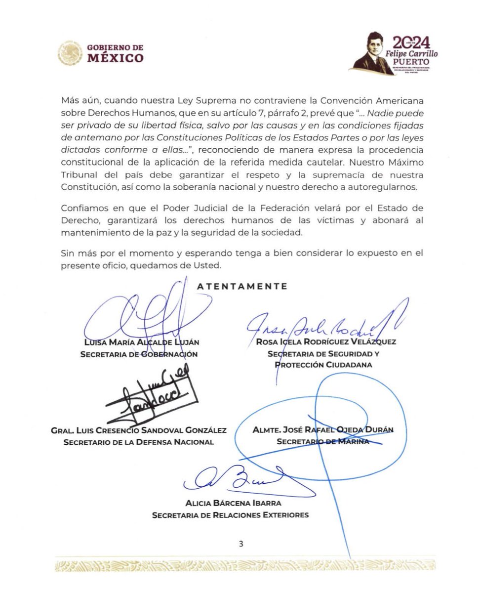 Compartimos la carta que el Gabinete de Seguridad envió a todas y todos los ministros de la @SCJN advirtiendo nuestras preocupaciones y los riesgos para la seguridad nacional en caso de que se invalide la prisión preventiva oficiosa sin un previo análisis que involucre a todos…