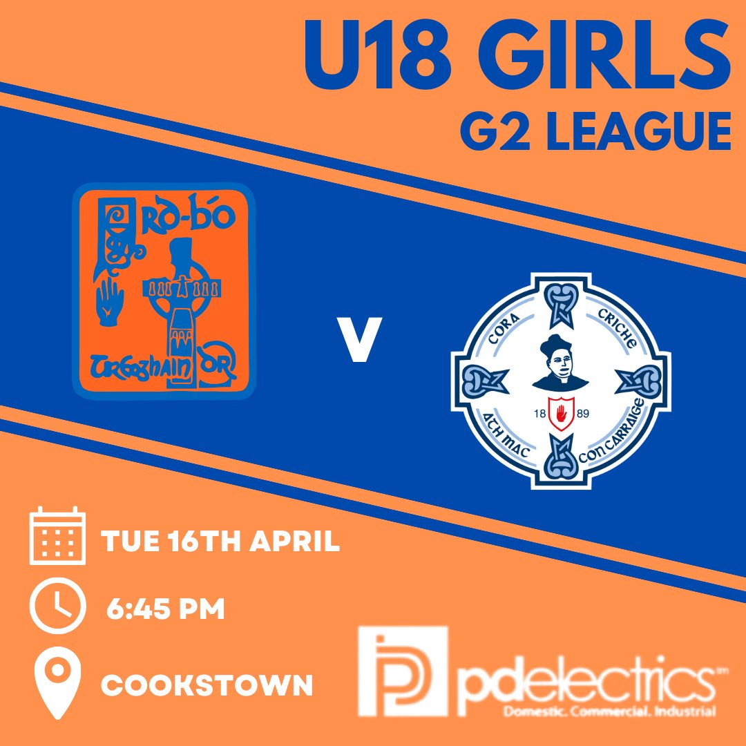 🔶🔷 YOUTH FIXTURE 🔷🔶 The U18 girls team continue their league season tonight with a game away to Cookstown! 📅 Tuesday 16th April 🏆 U18 League ⏰ 6:45pm 📍 Cookstown
