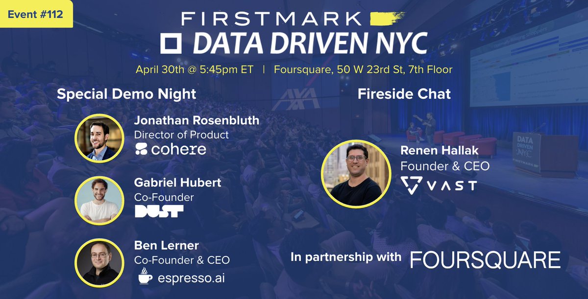 AI folks in NYC - join us for Data Driven NYC #112 on April 30 * Fireside chat with Renen Hallak, CEO of $9B AI infrastructure platform @VAST_Data * By popular demand, adding more demos, this time with founders/leaders from @cohere, @dust4ai and newcomer @espresso_ai RSVP: