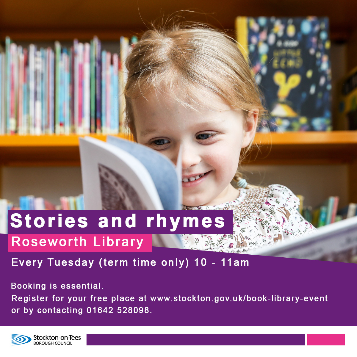 Enjoy stories and rhymes with your child at Roseworth Library on Tuesday 23 April, 10am. Register online stockton.spydus.co.uk/cgi-bin/spydus… or call 01642 528098. Suitable for ages 0 - 5 years.