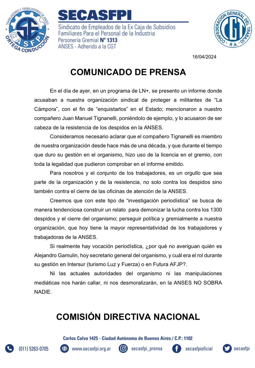 #ANSES #Despidos #LuchaGremial | Comunicado de prensa