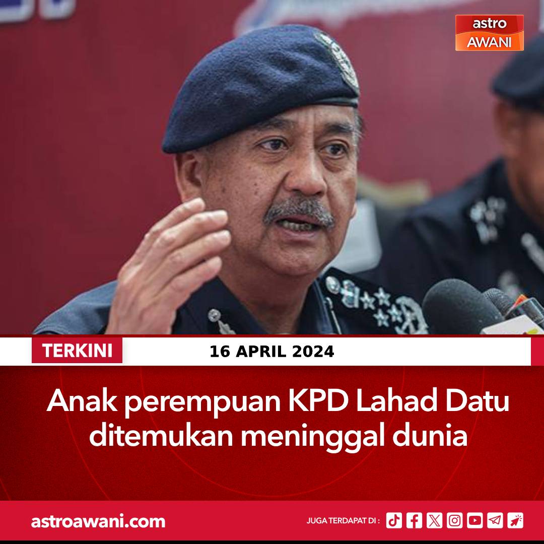 501Awani's tweet photo. Anak perempuan Ketua Polis Daerah (KPD) Lahad Datu ACP Dzulbaharin Ismail berusia 14 tahun ditemukan meninggal dunia dalam keadaan berlumuran darah di sebuah bilik di rumahnya di Taman Tabanak, Lahad Datu pada Selasa.

Ketua Polis Negara Tan Sri Razarudin Husain ketika dihubungi Astro AWANI mengesahkan kejadian itu dan memaklumkan siasatan lanjut sedang dijalankan.

Ikuti berita terkini di https://t.co/54tbq5BUpE

#AWANInews