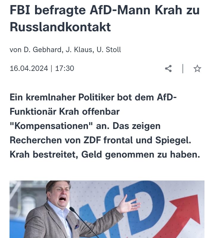 HERRLICH‼️😁 Das FBI hat AfD-Mann #Krah im Dezember 2023 am Flughafen in den USA aus der Warteschlange gezogen, und ihn dazu befragt ob er Geld aus Russland angenommen habe, und welche Kontakte er zu dem Oligarchen hat der Putins #Propaganda finanziert⬇️ zdf.de/nachrichten/po…