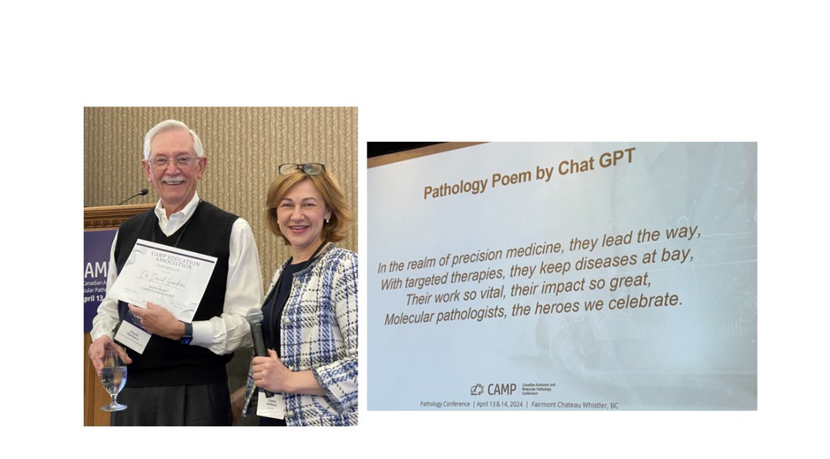 #CAMP24 (Canadian Anatomical & Molecular Pathology). such an enjoyable and educational experience. Here I am presented an “Honorary CAMP Pathologist” certificate by Chair, Diana Ionescu. Plus high tech! She recites a poem from Chat GPT to commemorate