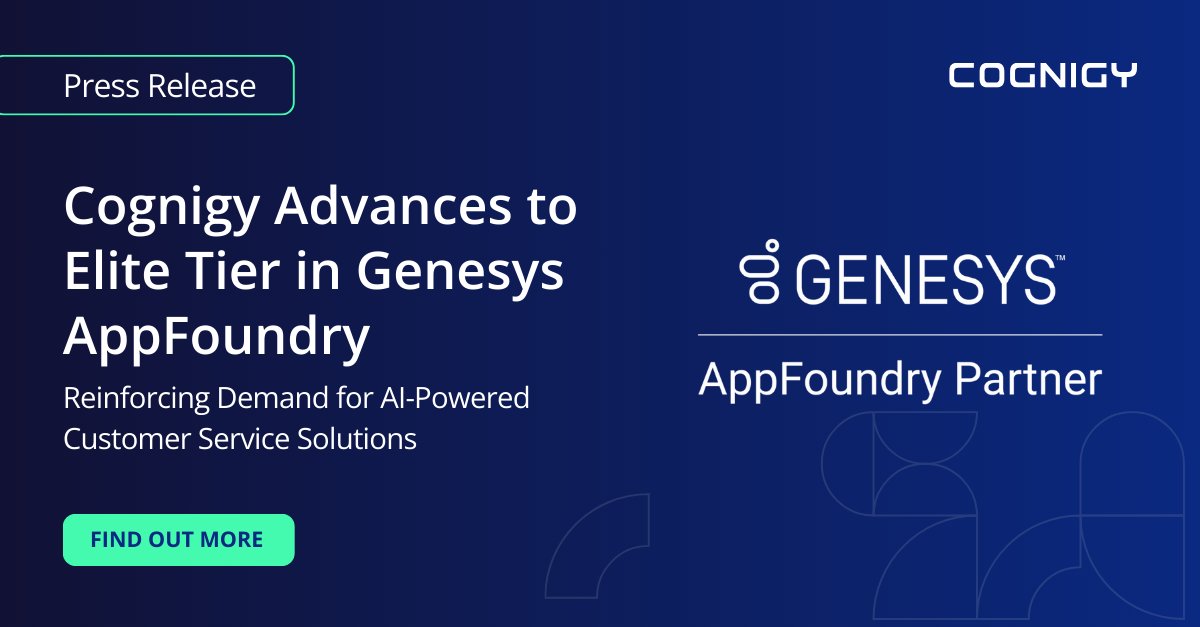 We're delighted to announce that Cognigy has reached Elite Tier partnership status on @Genesys AppFoundry®! 🌟 Explore the power of Cognigy via Genesys AppFoundry and find out more here: hubs.la/Q02t19y60 #Cognigy #GenesysAppFoundry #AI #CustomerService #CX