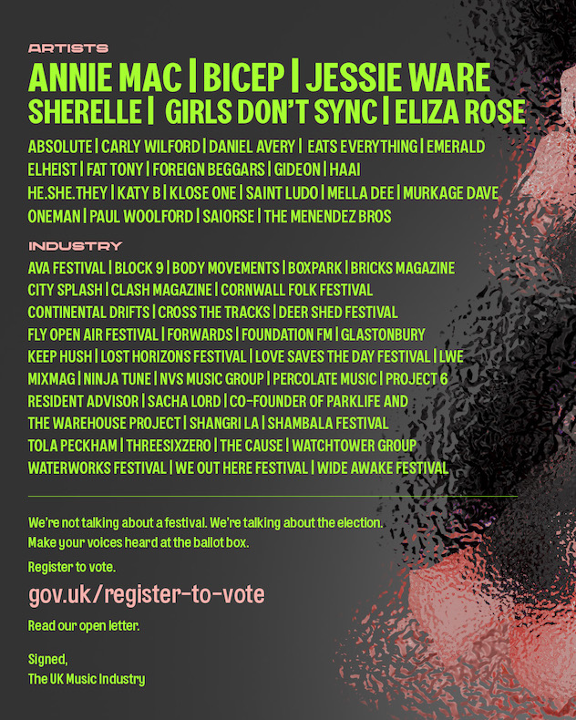 Leading dance music players including @anniemacmanus and @feelmybicep have signed an open letter urging young people to vote. 'Let’s turn it up. Let’s stand up and be counted. Register to vote today and make your voice heard.' Register to vote here: gov.uk/register-to-vo…