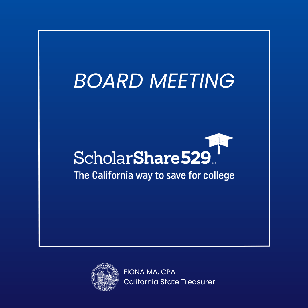 Today the @ScholarShare529 board will meet at 1 pm. If you would like to join or view the agenda, visit this link for more information: treasurer.ca.gov/scholarshare/m…