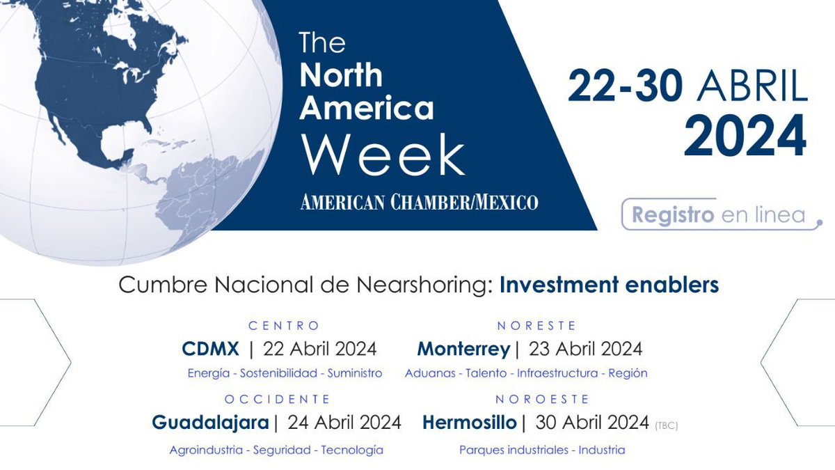 4 regiones clave, un país, una región. Durante la #NorthAmericaWeek en cuatro ciudades distintas, analizaremos las industrias y los habilitadores de inversión clave para el #nearshoring y el crecimiento de #Norteamerica. REGISTRO 👉 amcham.org.mx/the-north-amer…