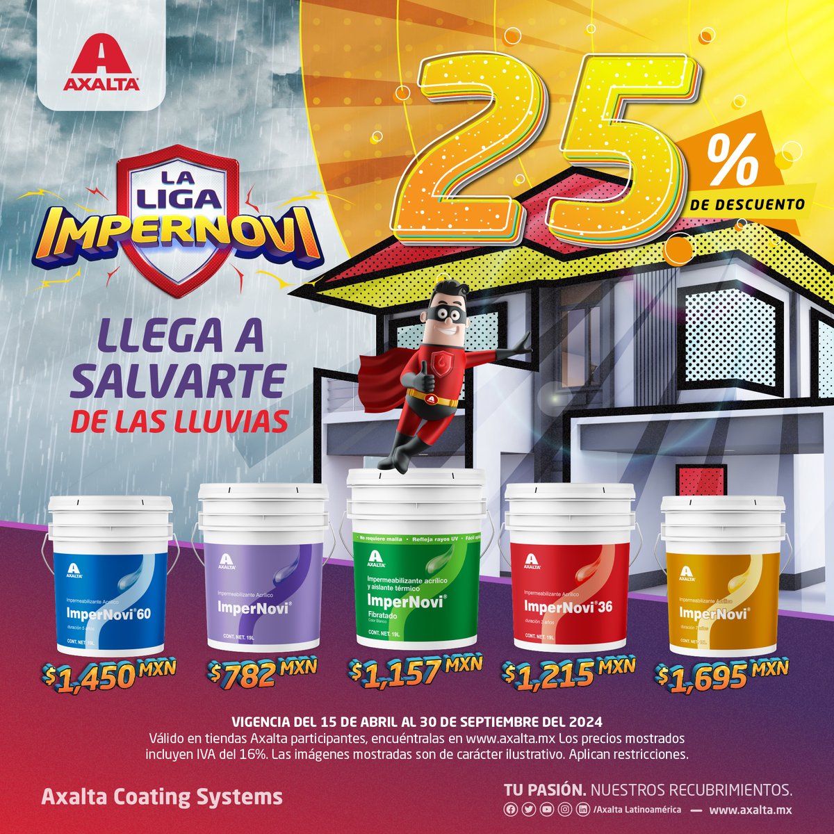 ¡Llegó la Liga Impernovi para resguardar tu hogar de las lluvias! Obtén 25% de descuento en todos nuestros impermeabilizantes ImperNovi® de 18 meses, 3, 5 y 7 años, así como en ImperNovi® Fibratado. Conoce más en: bit.ly/Liga-Impernovi….