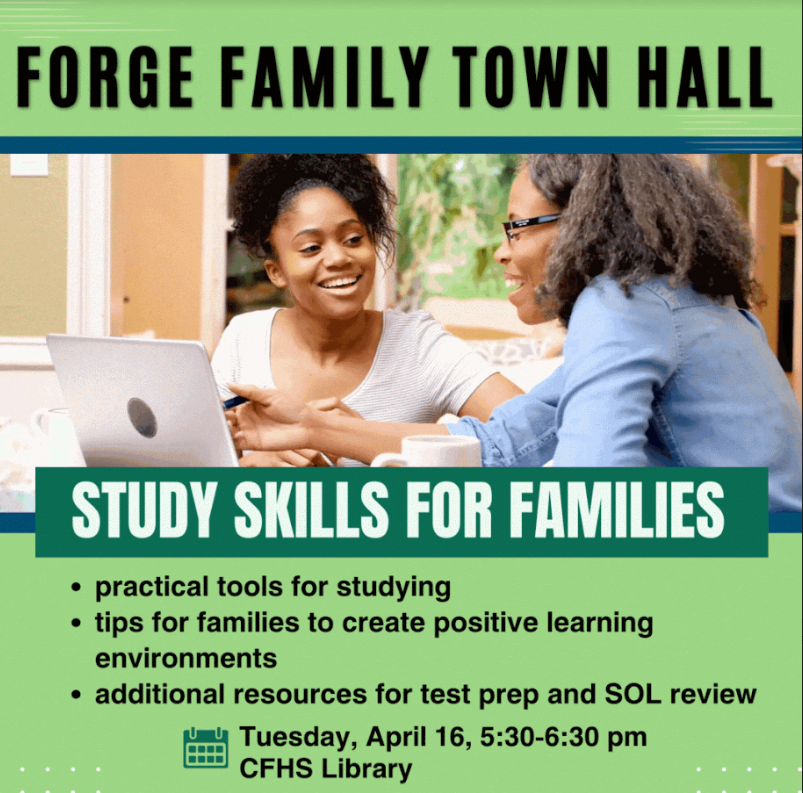 Forge Families, please join us this evening as we share study skills and resources at our spring Town Hall, on Tuesday, April 16, from 5:30-6:30 PM in the Forge Library. Come in person or join us online by registering at the link below: 
 bit.ly/forgetownhall