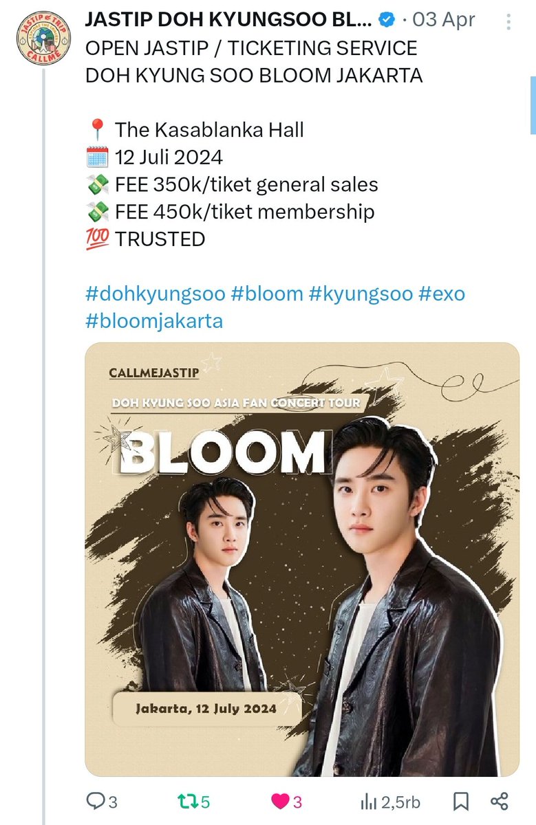 @callmejastip_ Izin tagg mana tau butuh😂 @snsoo_ @forkyungsoo12 @DoVioSoo 

Callmejastip trusted, udh banyak testi jg, selain itu harganya terjangkau. Semoga yg jastip di callmejastip semua dpt tiketnya, jg adminnya sehat dan lancar trs rejekinya, sukses selalu buat @callmejastip_💖