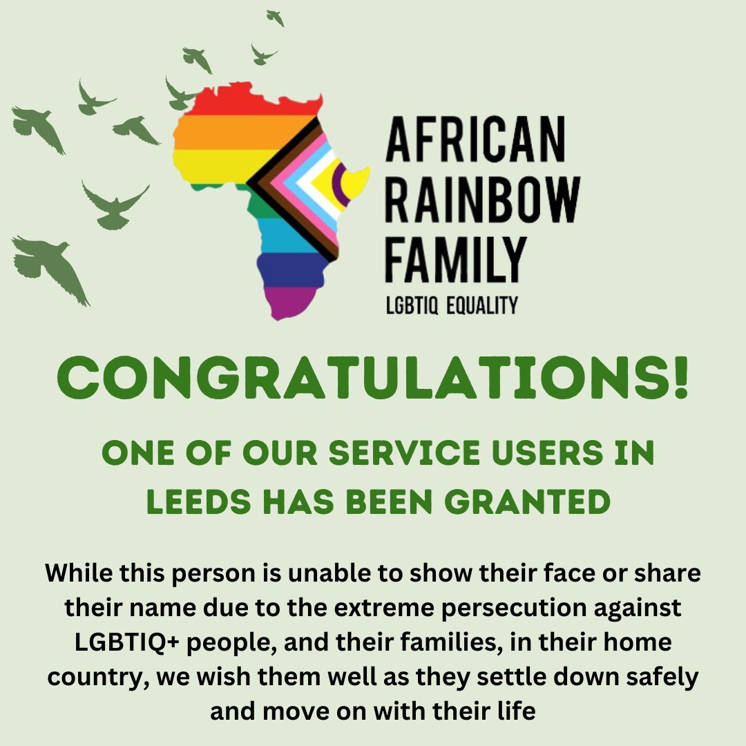 We hope that you join everyone at African Rainbow Family in giving a huge congratulations to one of our siblings from our Leeds centre, who has just been granted their refugee status! This is to wish you well as you settle down with safety and freedom to move on with your life.
