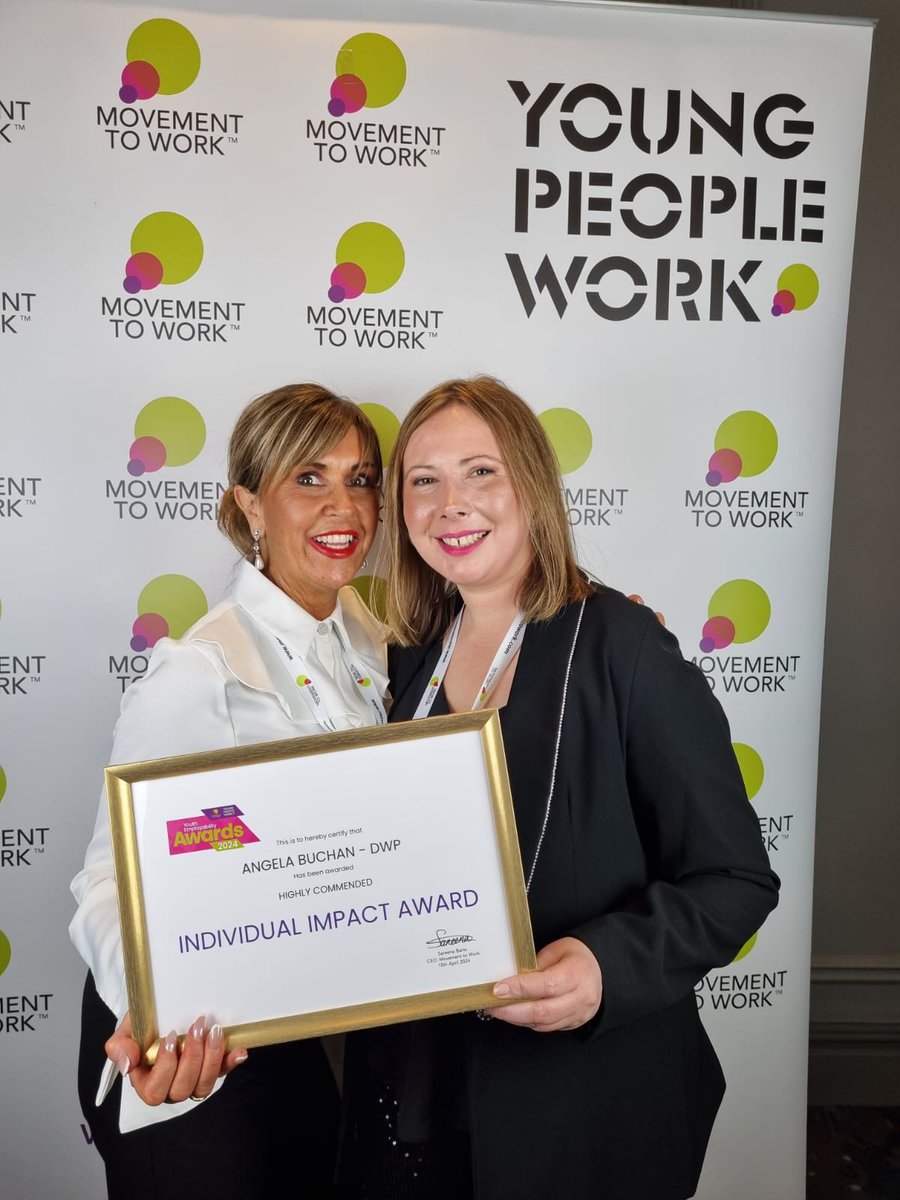 Congratulations to @JCPinScotland colleagues on being recognised at the DWP Awards in London! Angela and Angela from Kilmarnock and Aberdeen jobcentres respectively have been exceptional in our Movement to Work programs helping #YoungPeopleWork #JobsInScotland @YouthCScotland