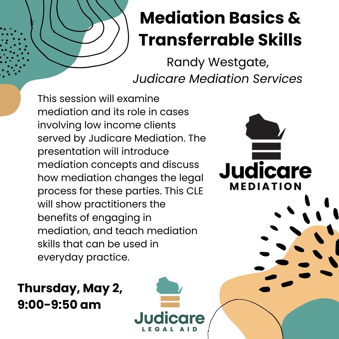 Join us for a session with Judicare Mediation Services Randy Westgate to learn more about the benefits of mediation on Thursday, May 2 at 9:00 am during our Spring CLE! Register here: us02web.zoom.us/webinar/regist… #CLE
