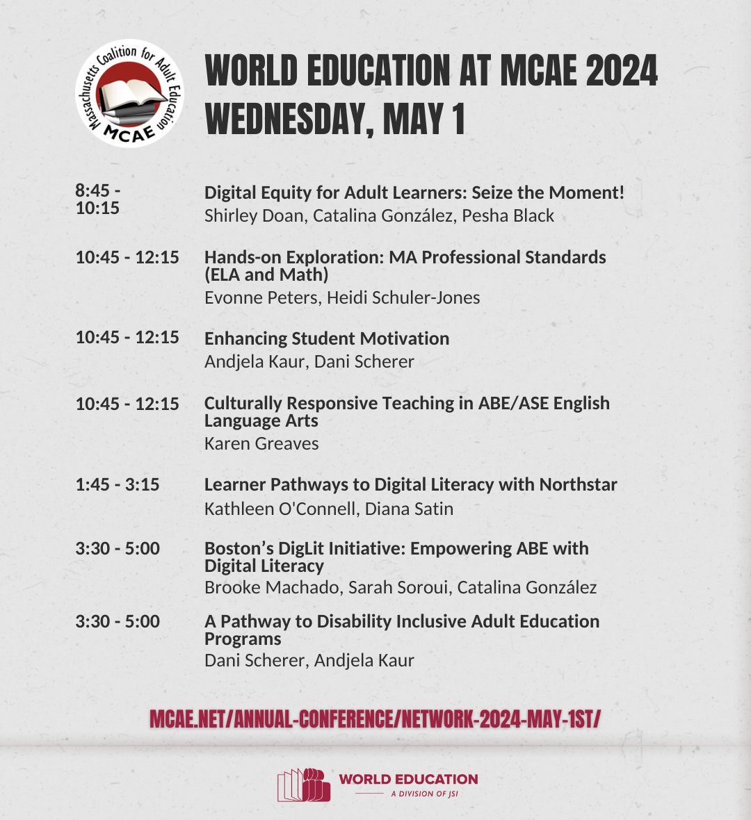 @WorldEd staff will present at the @MAAdultEd NETWORK 2024 conference. Presentation topics include #DigitalEquity, Culturally Responsive Teaching, #DigitalLiteracy, and #DisabilityInclusion. Learn more at ow.ly/ioH650Rhhzh #AdultEdu