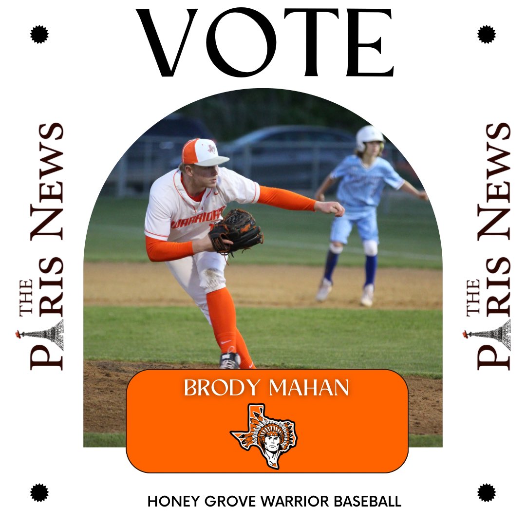 📣Vote For Brody📣 Junior Brody Mahan has been nominated for RRV Athlete of the Week. Brody went 2-3 against Dodd City on Saturday with a 3R Homerun, and 4 RBI’s. He also had 14 strikeouts and allowed 1 hit in the Warriors 8-4 win. theparisnews.com/free/free-vote…