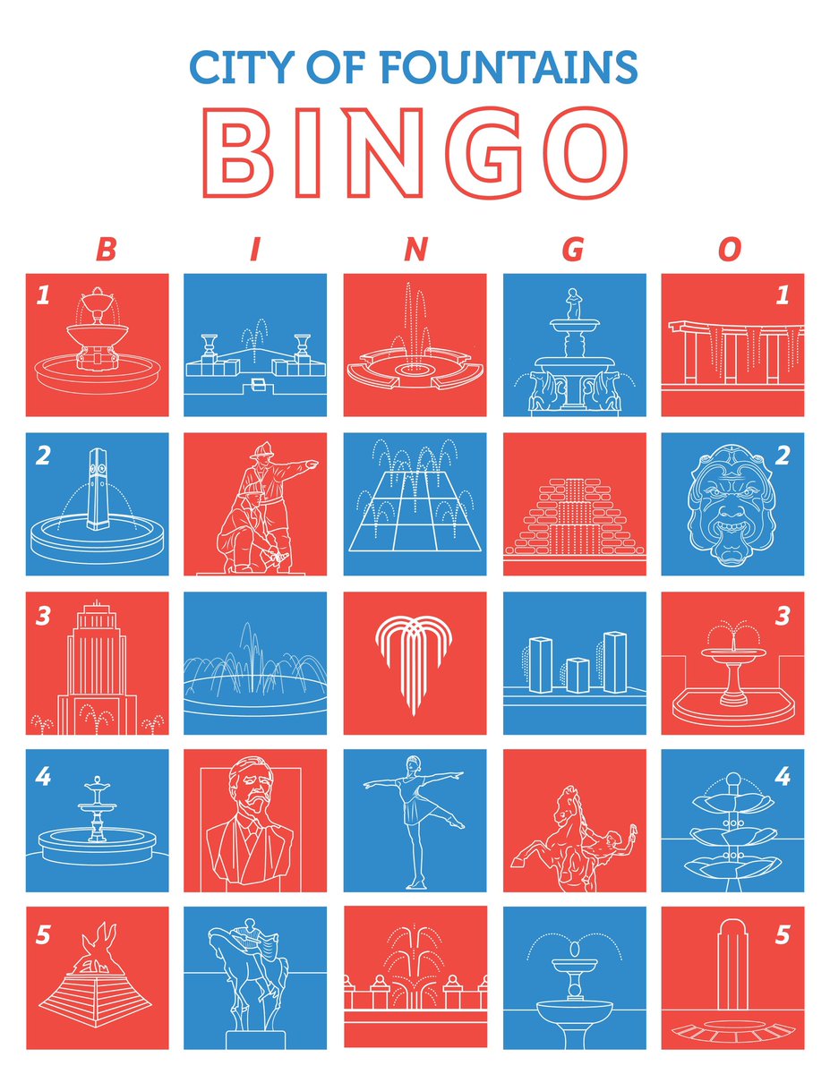 Celebrate Fountain Day with Fountain Bingo! Visit our city's beautiful fountains, snap a photo, post it with the location, and tag @KansasCity. Be among the first 3 to complete a BINGO line & win a free city flag.