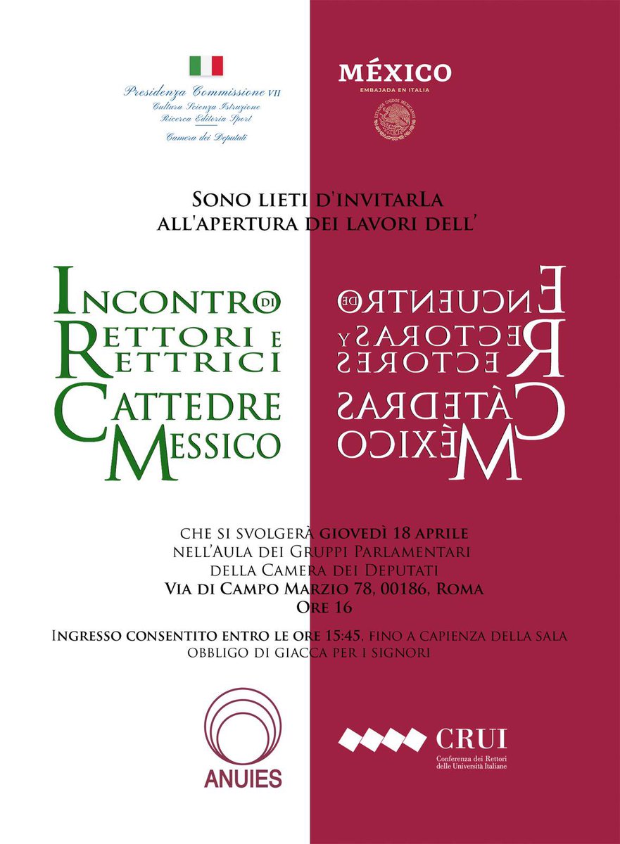 Evento sin precedentes en la Cámara de Diputados de Italia: “Encuentro de Rectores y Rectoras. Cátedras México”. La conferencia reunirá a numerosos titulares de instituciones de educación superior de 🇲🇽 e 🇮🇹. Crece el diálogo y la colaboración académica entre ambos países.