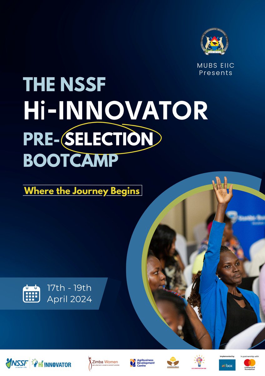 We're thrilled to host the #NSSFHiInnovator Pre-selection bootcamp, where 21 SGBs from our 4 partner hubs - @Curad, @UCUniversity, @ZimbaWomen, and @agribdcu - will participate, starting tomorrow, Wednesday, April 17th.

#MUBSEIIC 
@NSSFUg @Outboxhub