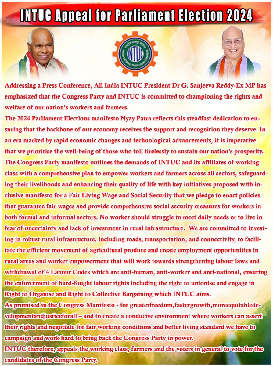 janakbajpai's tweet photo. "@INTUCnational President Dr. @INTUCPrez emphasizes Congress Party's commitment to workers & farmers in the 2024 Parliament Elections manifesto. From fair wages to rural infrastructure, it's a pledge for a stronger, fairer future.
#CongressForWorkers #Election2024" https://t.co/04sl2P2Kks