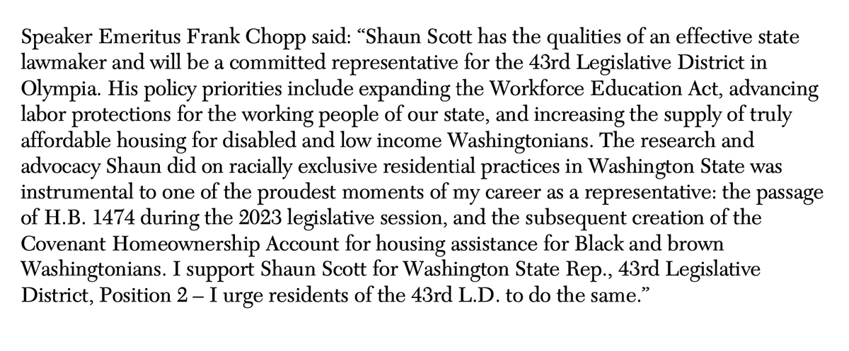 NEW: Long-time WA Speaker of the House Frank Chopp endorses Shaun Scott for his old seat. With no one else running for the position yet, Scott may win this race by the filing deadline next month.
