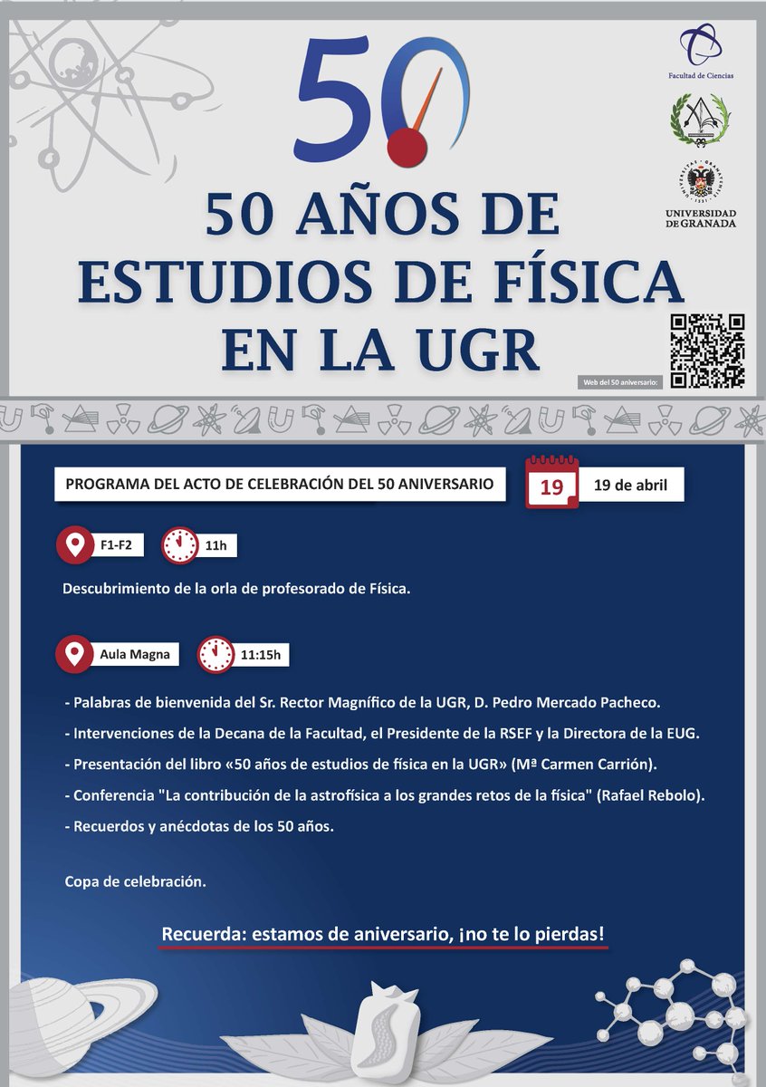 🎂Este viernes, Rafael Rebolo, director del #IACastrofísica, participará en el acto de celebración del 50 aniversario de los estudios de Física en @CanalUGR 🗣️Impartirá la conferencia 'La contribución de la astrofísica a los grandes retos de la física' 📲ow.ly/hNM450RhihY