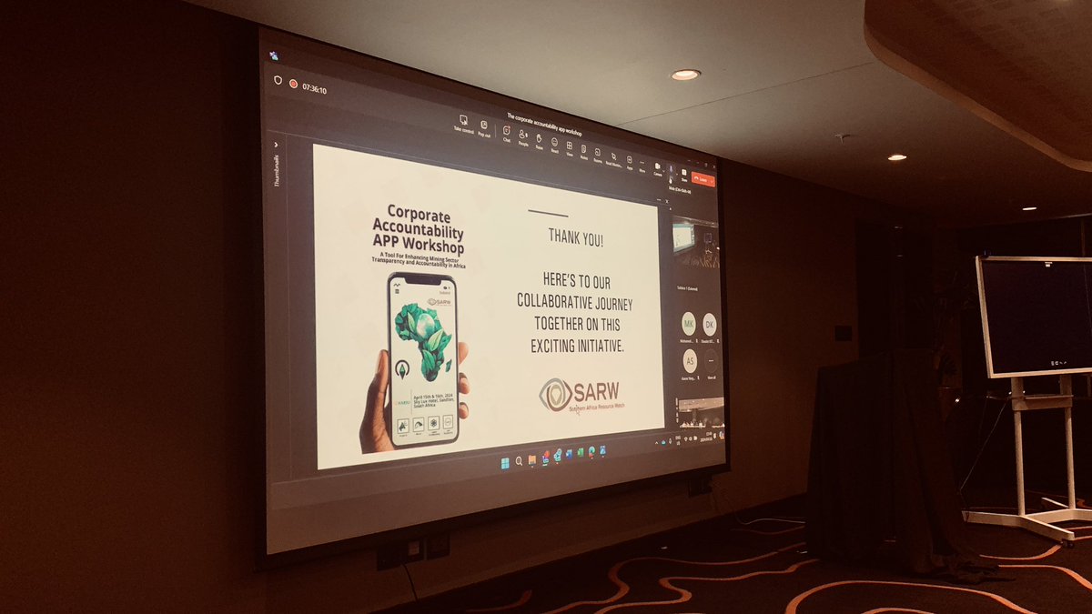 The_SARWatch's tweet photo. As the #CorporateAccountabilityApp Workshop draws to a close, we extend our gratitude to all participants for their invaluable contributions and insights. Together, we’ve taken significant strides towards promoting transparency and accountability in Africa’s mining sector. Let’s continue this journey of positive change. Thank you for joining us. #MiningTransparency #Accountability #SustainableDevelopment