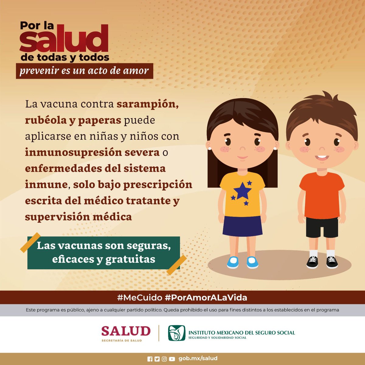 Por la salud de todas y todos prevenir es un acto de amor. 💉 La vacuna contra #sarampión, #rubéola y #paperas puede aplicarse en niñas y niños con inmunosupresión severa o enfermedades del sistema inmune, solo bajo supervisión médica. #MeCuido #PorAmorALaVida