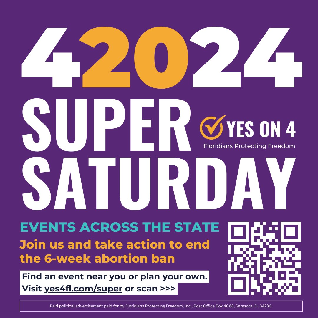 Our fight for abortion freedom in Florida is officially on! Join us this Super Saturday at events across the state to learn more about how you can be part of this historic movement! Find an event near you at yes4fl.com/supe